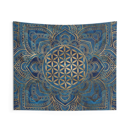 Flower of Life Lotus Mandala Tapestry in Blue Marble and Gold