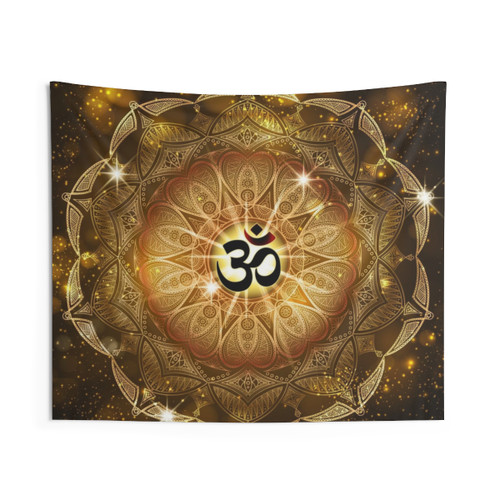 Golden Mandala Tapestry with Om Symbol for Meditation and Yoga