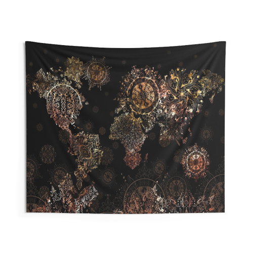 Floral World Map Mandala Gold Tapestry
