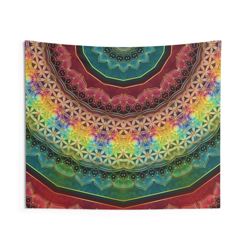 Colorful Mandala Tapestry with Flower of Life Design
