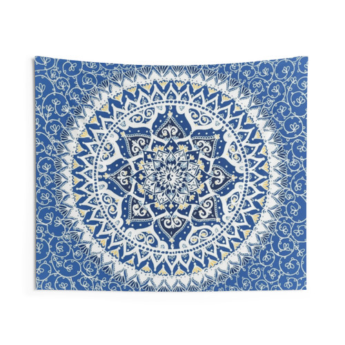 Yin Yang Mandala Pattern Tapestry in Blue and Yellow