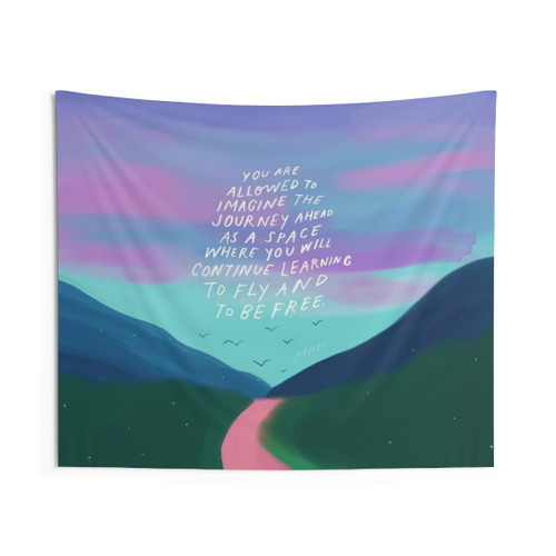Inspirational Tapestry with Blue Skies and Mountains