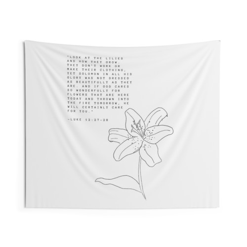 Minimalist lily line art tapestry with Luke 12 bible verse