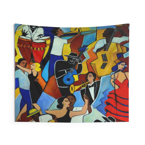 Salsa Sauvage Tapestry with Vibrant Marigold Yellow and Cobalt Blue Colors