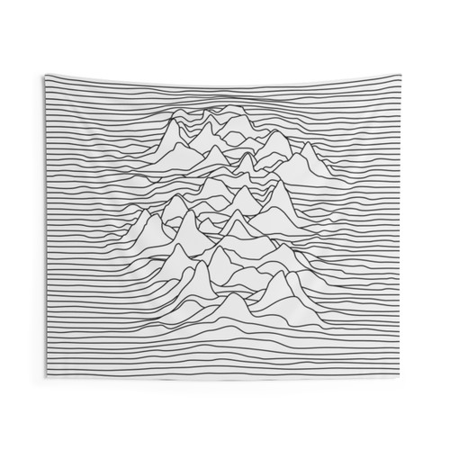 Black and White Graphic Tapestry with Sound Wave Illustration