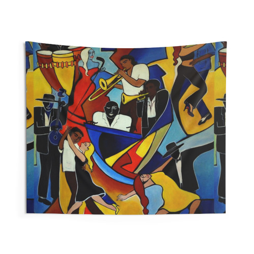 Vibrant Colores Salsa Tapestry with Musical Instruments
