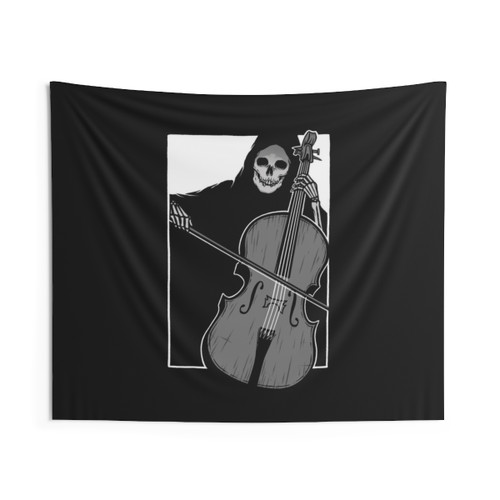 Symphony of Death Gothic Tapestry featuring skull and cello imagery