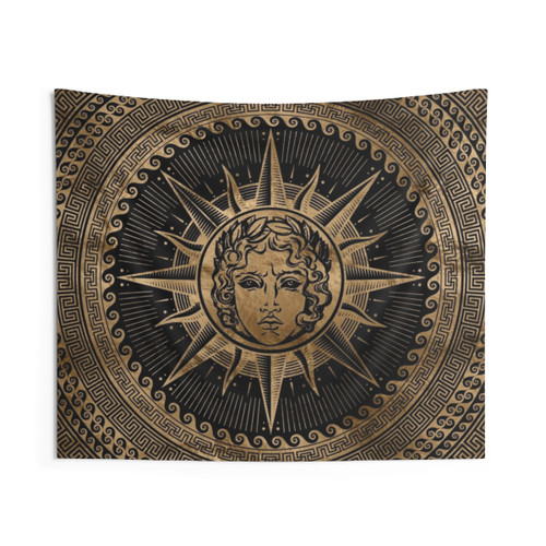 Golden Apollo Sun God Tapestry with Greek Key Pattern