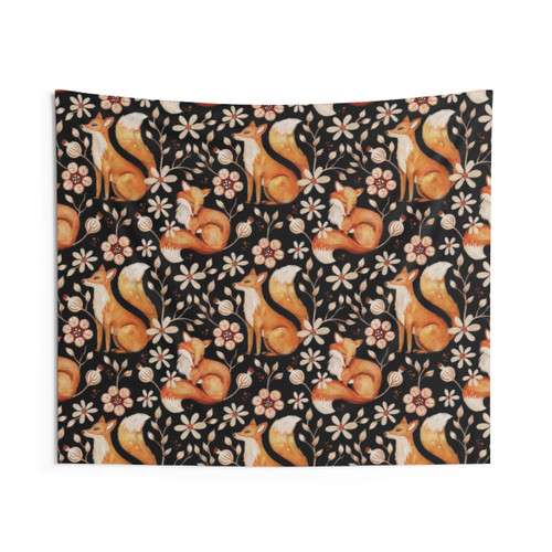 Whimsical nature-inspired tapestry featuring a fox surrounded by colorful wildflowers