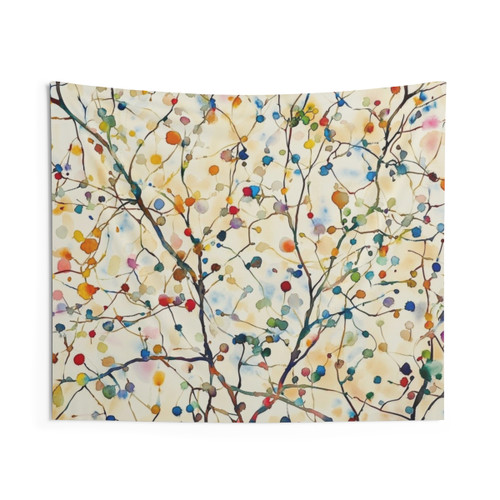 Abstract Watercolor Nature Art Tapestry with Delicate Branches and Colorful Buds
