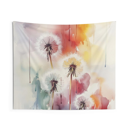Vibrant watercolor floral art tapestry featuring dandelions