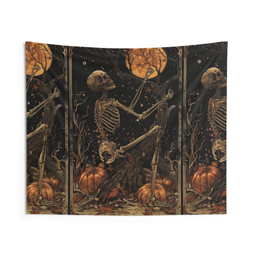 Halloween skeleton tarot tapestry with autumn pumpkins