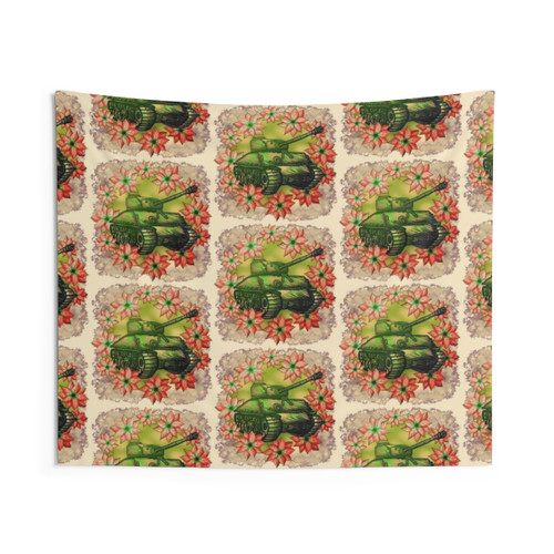 Army tank Christmas tapestry with poinsettia flowers
