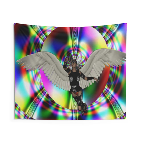 Colorful fantasy tapestry with abstract patterns and nature motifs