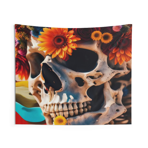Skull with Flowers Tapestry Wall Art