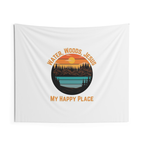 Orange tapestry with Christian inspirational imagery