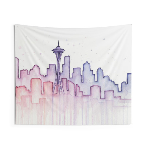 Seattle Skyline Watercolor Silhouette Tapestry Wall Hanging
