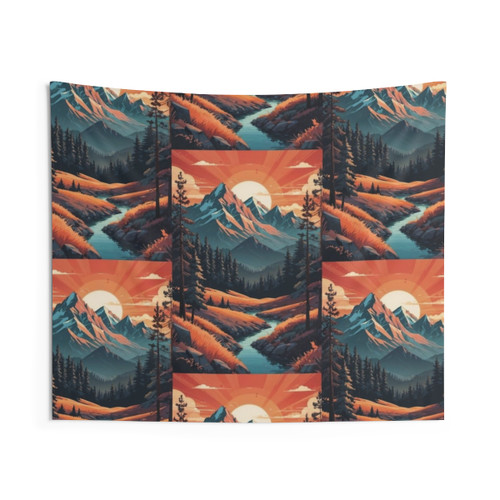 Alps Landscape Tapestry with Mountains, River, and Sunset