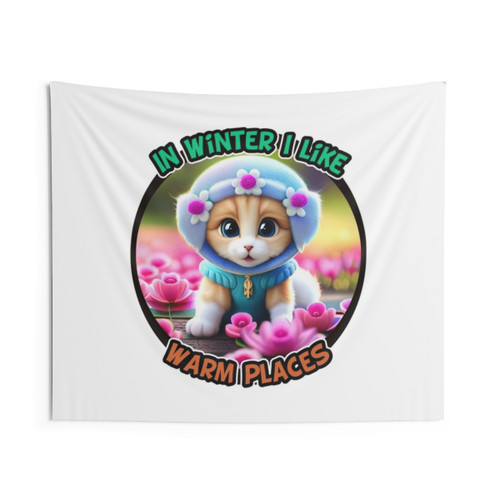 Cozy winter tapestry featuring cats in warm places