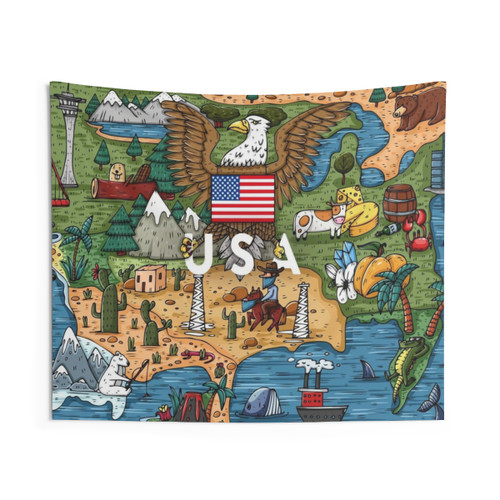 Funny Hand Drawn Cartoon USA Map Tapestry