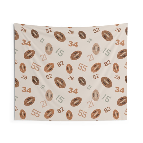 Playful rugby tapestry with hand-drawn balls and numbers