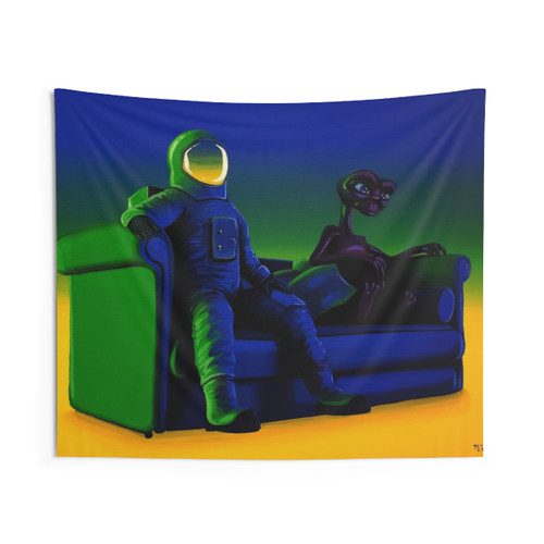 Psychedelic Chill Sesh 2 Tapestry featuring astronaut, aliens, and space imagery