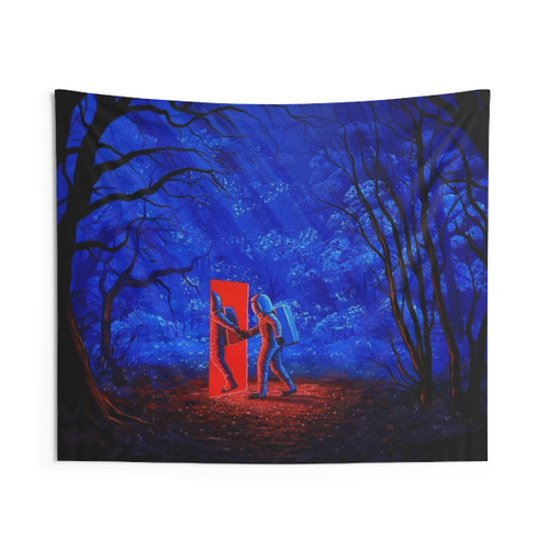 Space Exploration Tapestry with Astronaut and Trippy Portals
