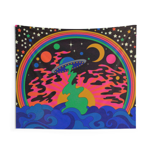 Psychedelic Sail Away Tapestry with UFOs, Rainbows, and Cosmic Imagery
