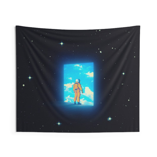 Surreal collage art tapestry featuring an astronaut, stars, and clouds