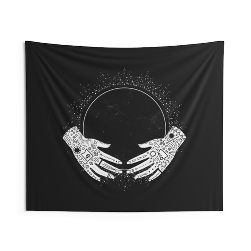 New Moon Tapestry featuring a crescent moon, crystal ball, and witchcraft elements