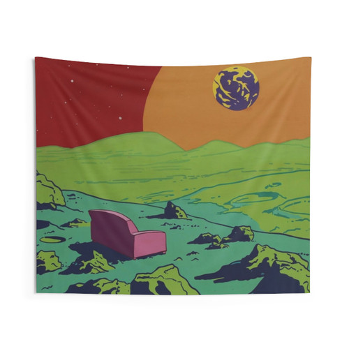 Pink couch tapestry featuring moon, stars, and planets in a cosmic landscape