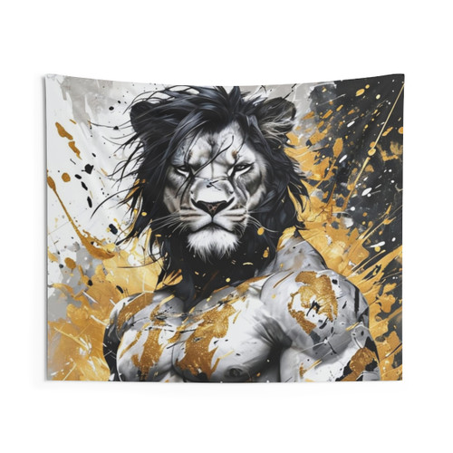 Hybrid animal lion-man tapestry