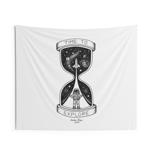 Surreal cosmic tapestry with astronaut, planets, and hourglass design