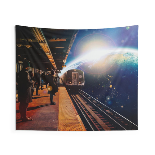 Surreal Passengers Tapestry featuring a digital collage of a train in space