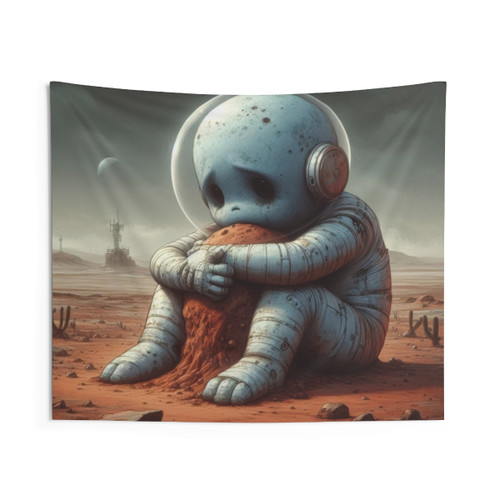 Cute galactic traveler alien hugging a rock tapestry