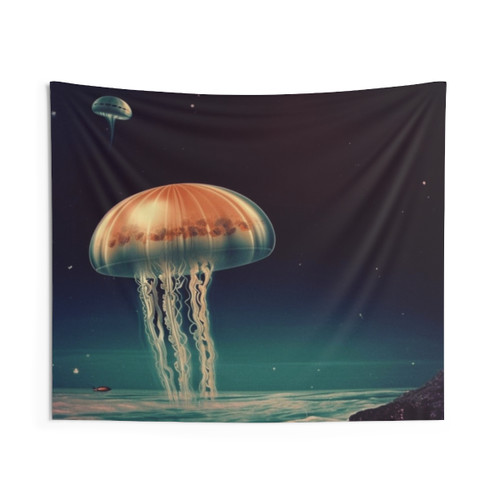 Surrealist vintage tapestry featuring a floating jellyfish in space