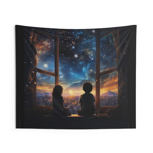 Magical Night Sky Tapestry with Boy and Girl