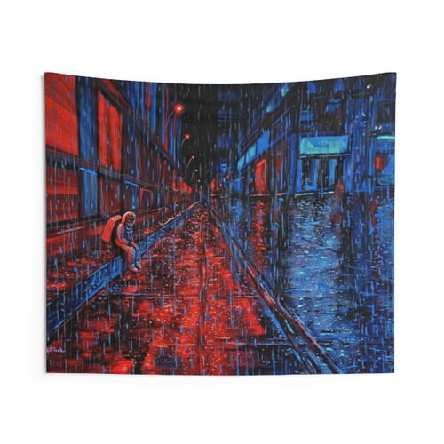 Surreal astronaut tapestry with rainy downtown scene