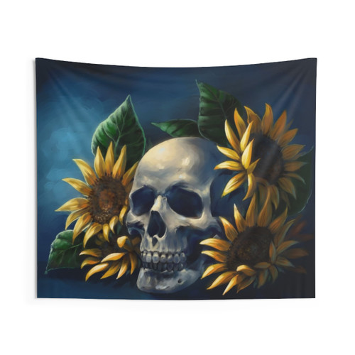 Skull and Sunflowers Tapestry - Gothic Floral Wall Hanging