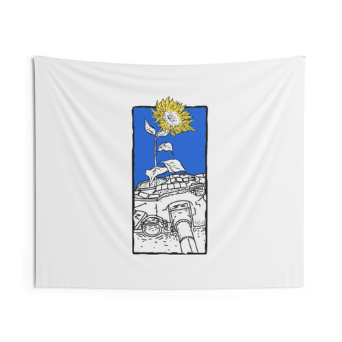Ukraine Sunflower Tapestry featuring a sunflower and war imagery