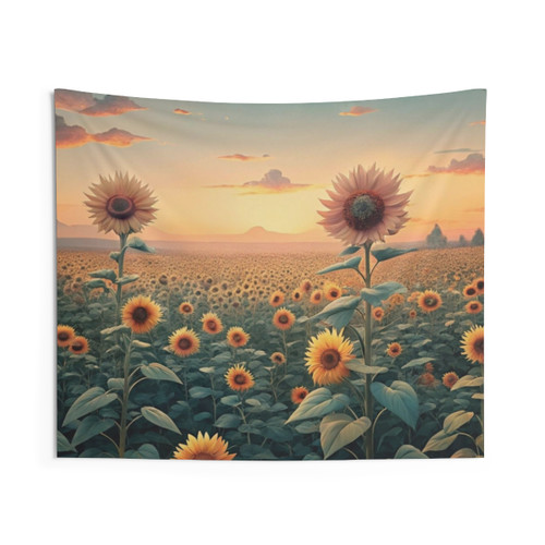 Aesthetic sunflower tapestry with whimsical pastel flowers and meadow scene