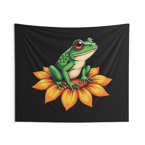Frog sitting on a sunflower tapestry