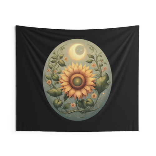 Sunflower and Crescent Moon Botanical Tapestry