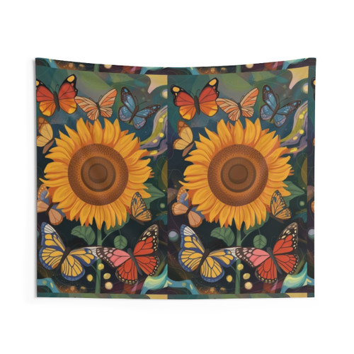 Colorful sunflower dream tapestry with butterflies