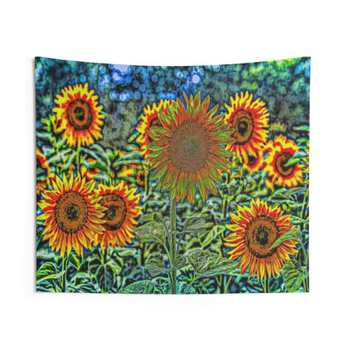 Sunflower Vibrance Tapestry - Solarised Impressionist Sunflower Art