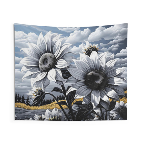 Black and White Sunflower Meadow Print Tapestry
