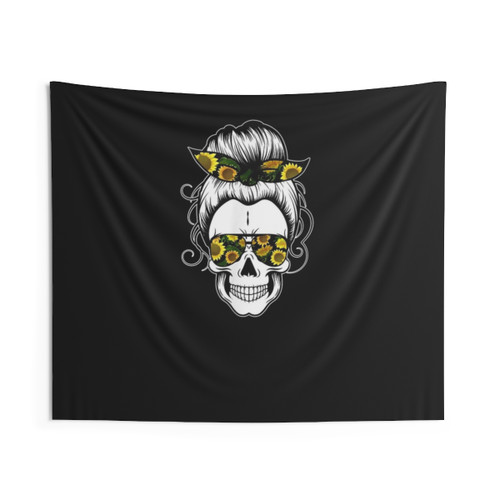 Messy Bun Skull Sunflower Halloween Tapestry