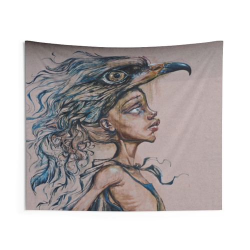 Patronised Tapestry - Giant Storybook Artwork depicting a girl, birds of prey, and graffiti-style elements