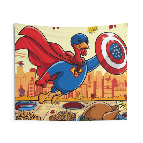 Superhero Turkey Thanksgiving Cartoon Art Tapestry