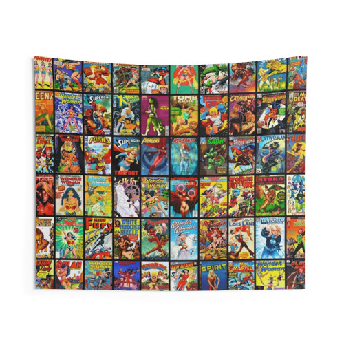 Vintage female superhero comic book tapestry